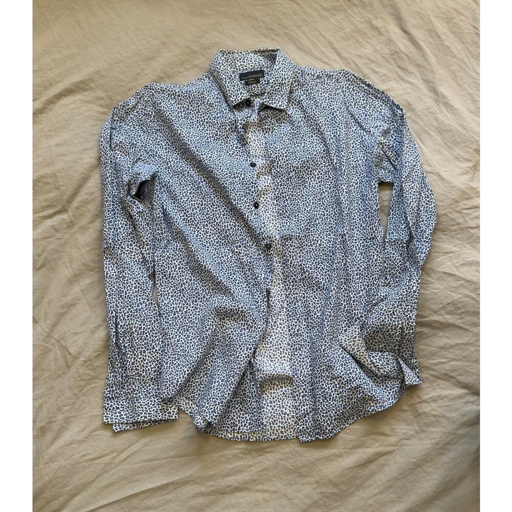 ZARA Black Tag Slim Fit Men's‎ Blue and White Leopard Print Button Down Shirt